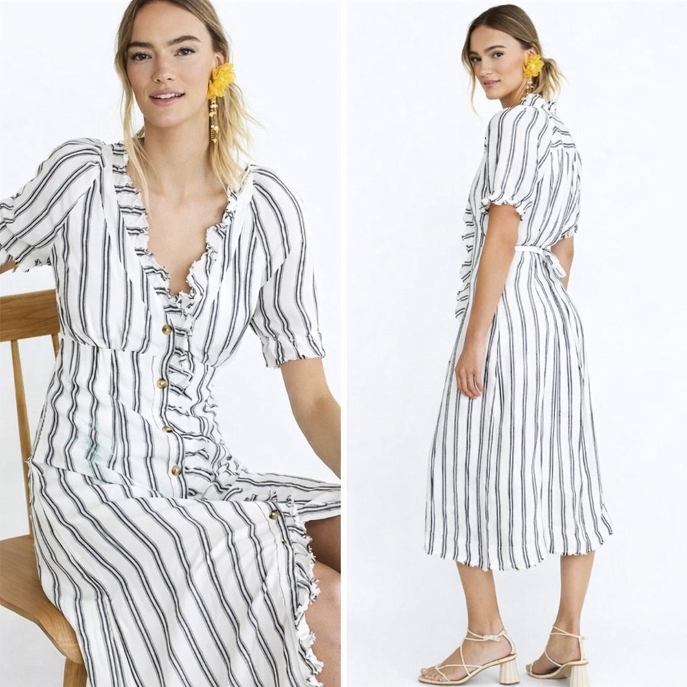 Pilcro Anthropologie Striped Linen Ruffle Button Front Midi Dress White Blue 6 - Picture 2 of 13